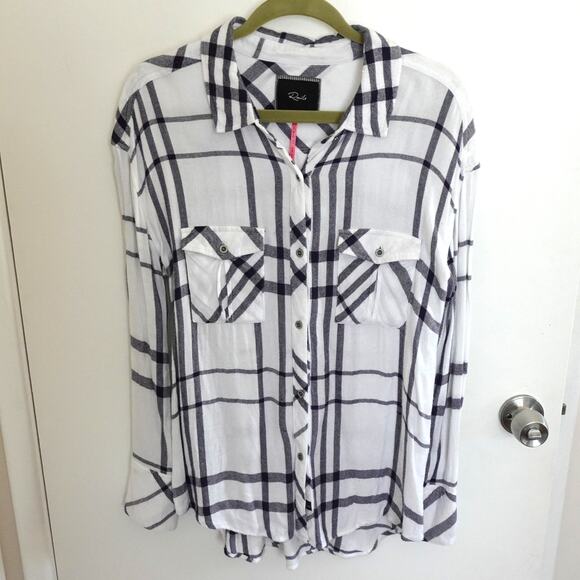 Rails x Free People Hunter White Navy Plaid Button-Up Shirt Long Sleeve Top Sz S - Picture 1 of 11